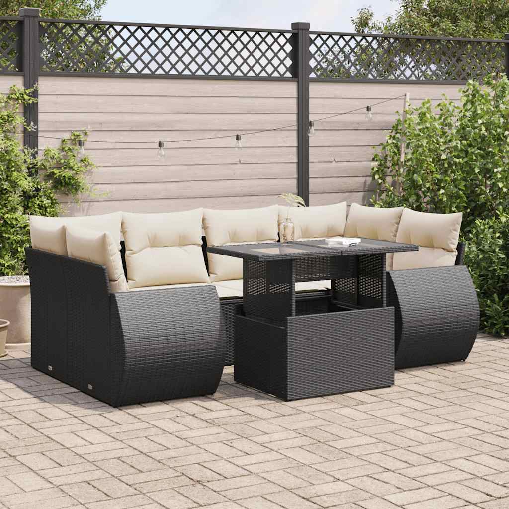 7 Pcs conjunto de sofás p/ jardim c/ almofadões vime PE preto