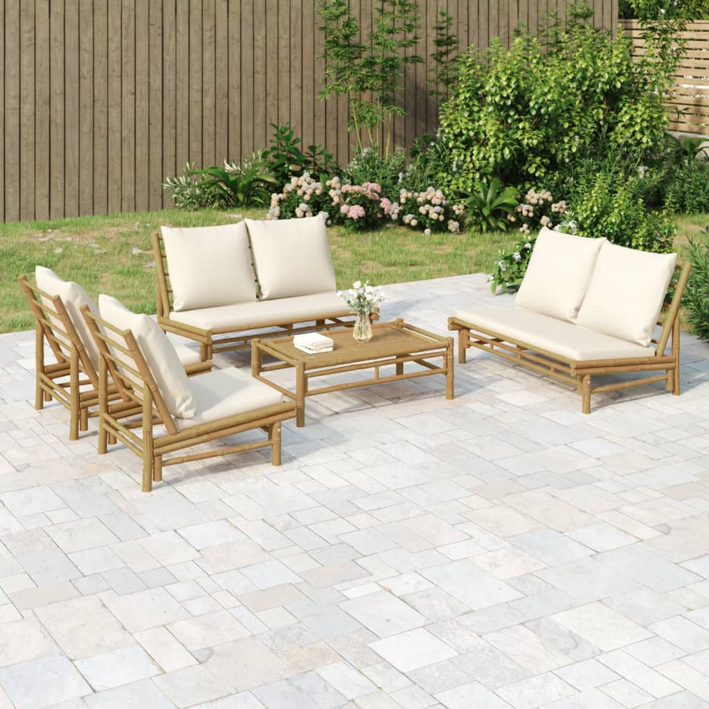 5 Pcs conjunto lounge de jardim bambu c/ almofadões branco nata