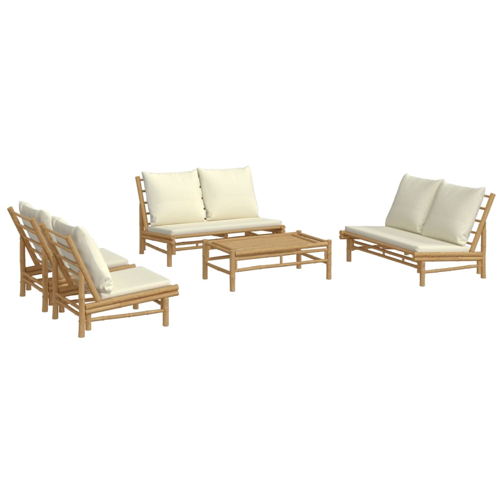 5 Pcs conjunto lounge de jardim bambu c/ almofadões branco nata