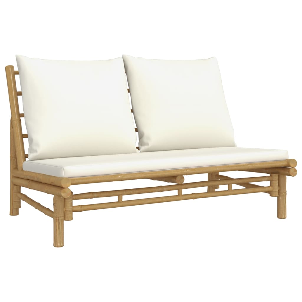 5 Pcs conjunto lounge de jardim bambu c/ almofadões branco nata