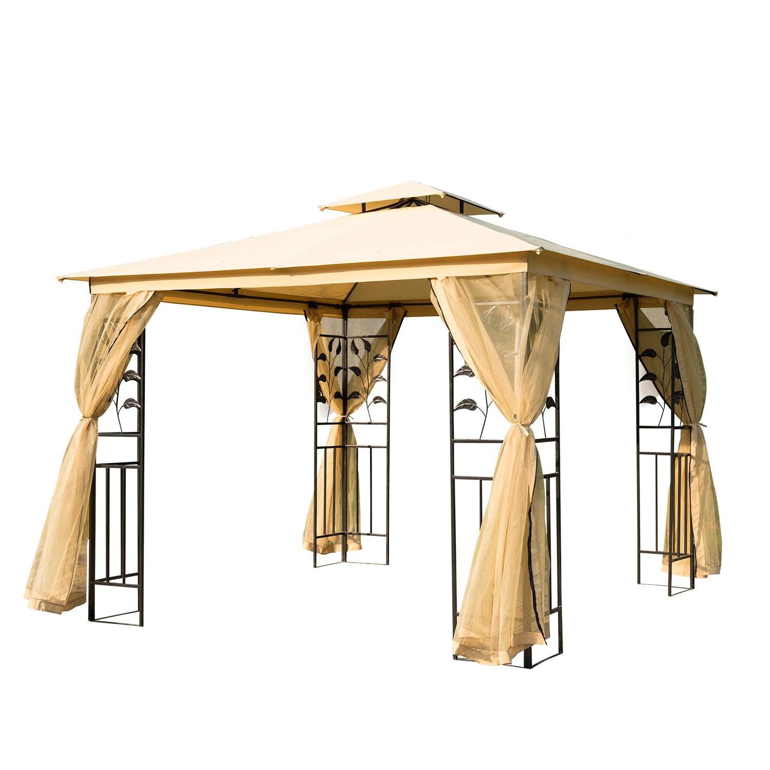 Pérgola de jardim pérgola de exterior com teto duplo mosquiteira e orifícios de drenagem 300x300x265 cm bege