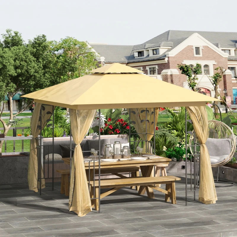 Pérgola de jardim pérgola de exterior com teto duplo mosquiteira e orifícios de drenagem 300x300x265 cm bege