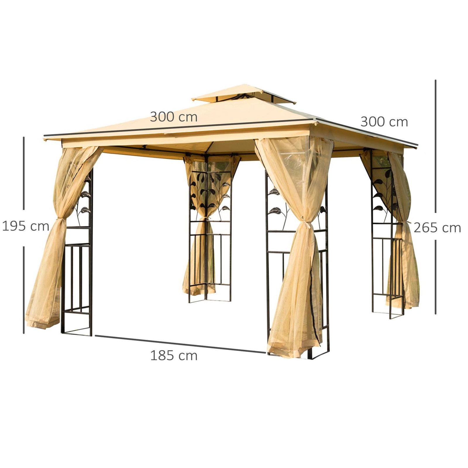 Pérgola de jardim pérgola de exterior com teto duplo mosquiteira e orifícios de drenagem 300x300x265 cm bege