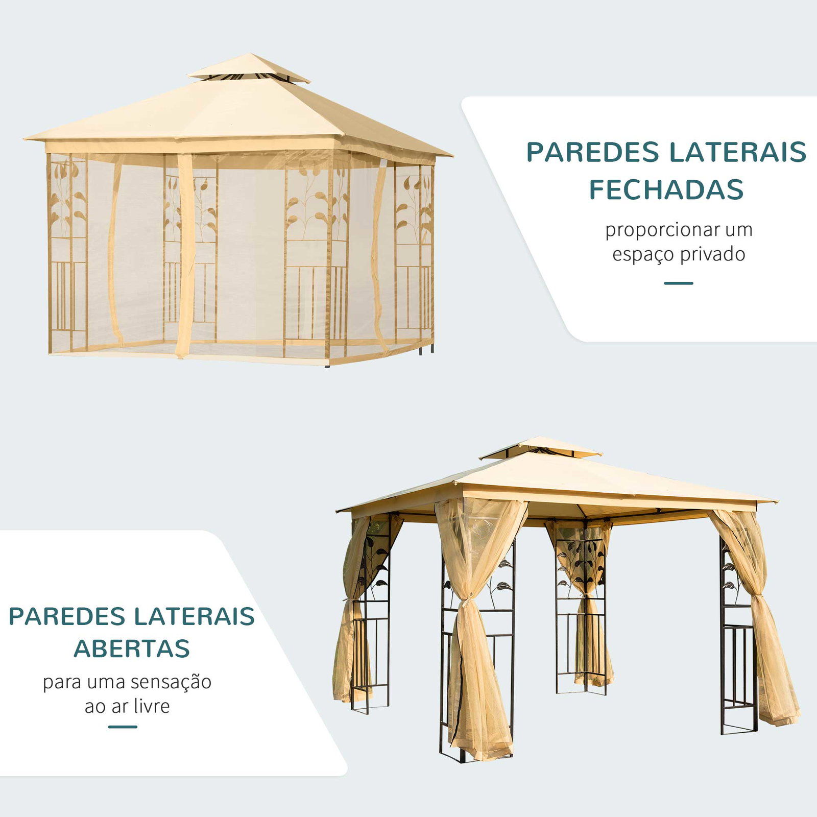 Pérgola de jardim pérgola de exterior com teto duplo mosquiteira e orifícios de drenagem 300x300x265 cm bege