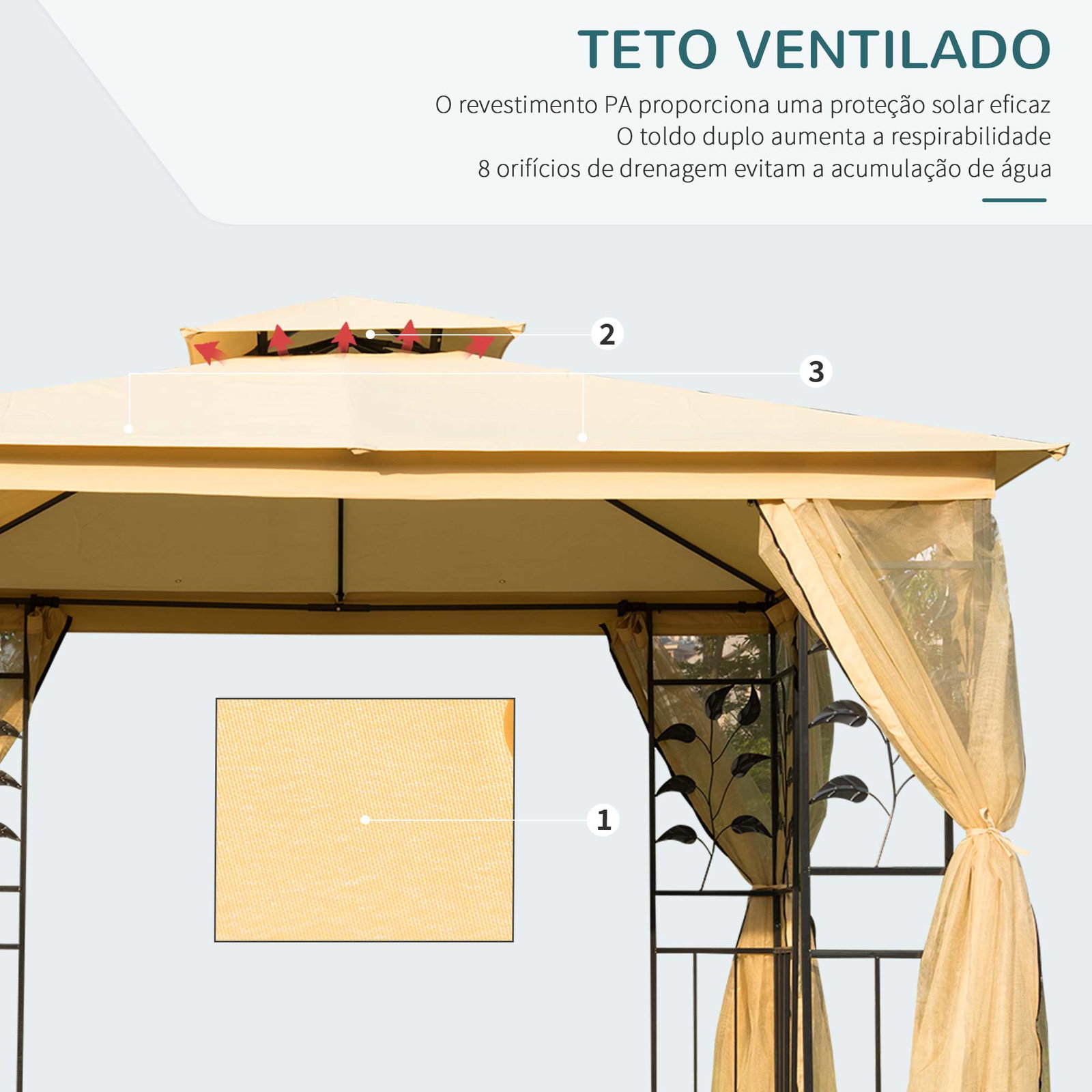 Pérgola de jardim pérgola de exterior com teto duplo mosquiteira e orifícios de drenagem 300x300x265 cm bege