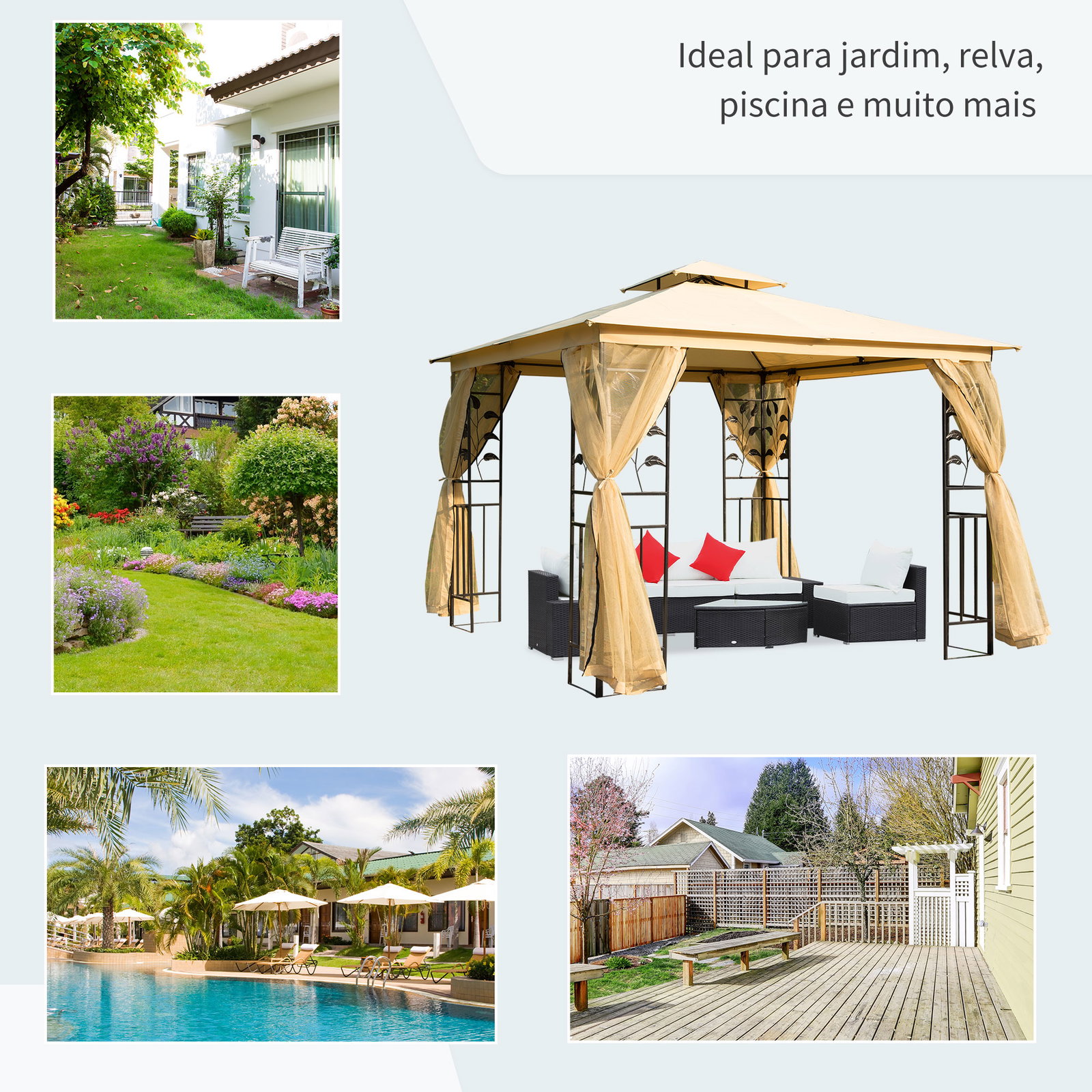 Pérgola de jardim pérgola de exterior com teto duplo mosquiteira e orifícios de drenagem 300x300x265 cm bege