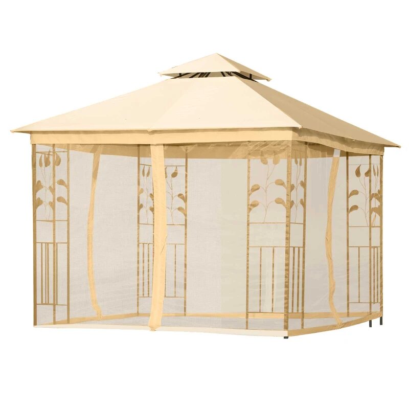 Pérgola de jardim pérgola de exterior com teto duplo mosquiteira e orifícios de drenagem 300x300x265 cm bege