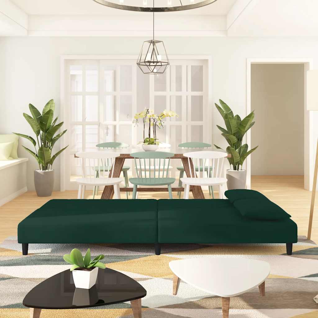Sofá-cama 2 lugares com duas almofadas veludo verde-escuro