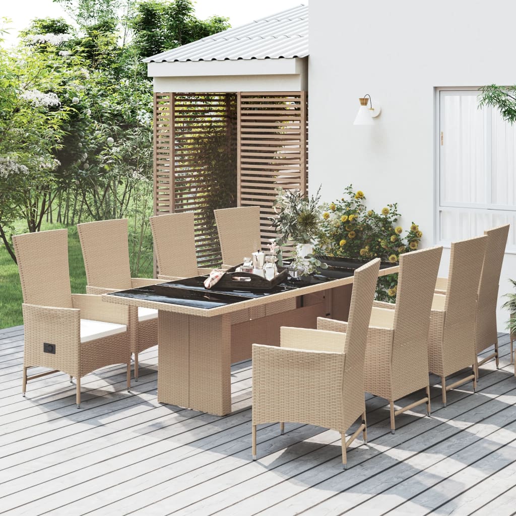 9 Pcs conjunto de jantar p/ jardim com almofadões vime PE bege