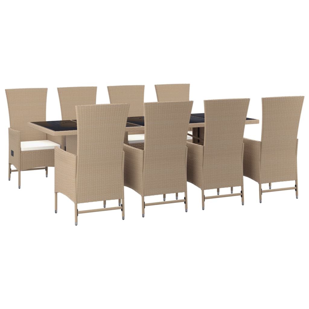 9 Pcs conjunto de jantar p/ jardim com almofadões vime PE bege