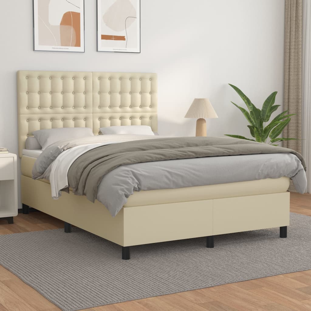 Cama com molas/colchão 140x190 cm couro artificial cor creme
