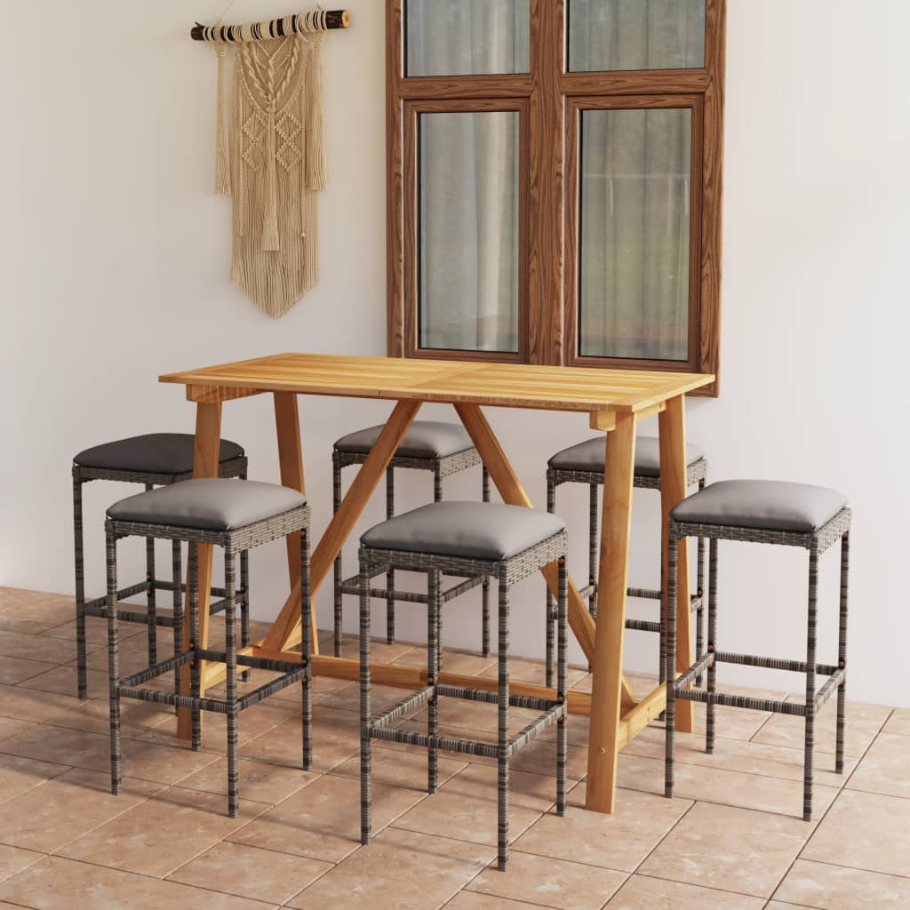 7 Pcs conjunto de bar para jardim com almofadões cinzento