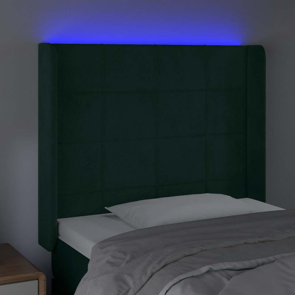 Cabeceira cama c/ luzes LED veludo 83x16x118/128cm verde-escuro