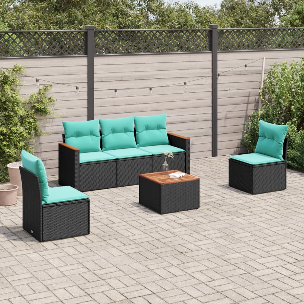 Conjunto de sofá de jardim com 6 peças e almofadas em rattan sintético preto