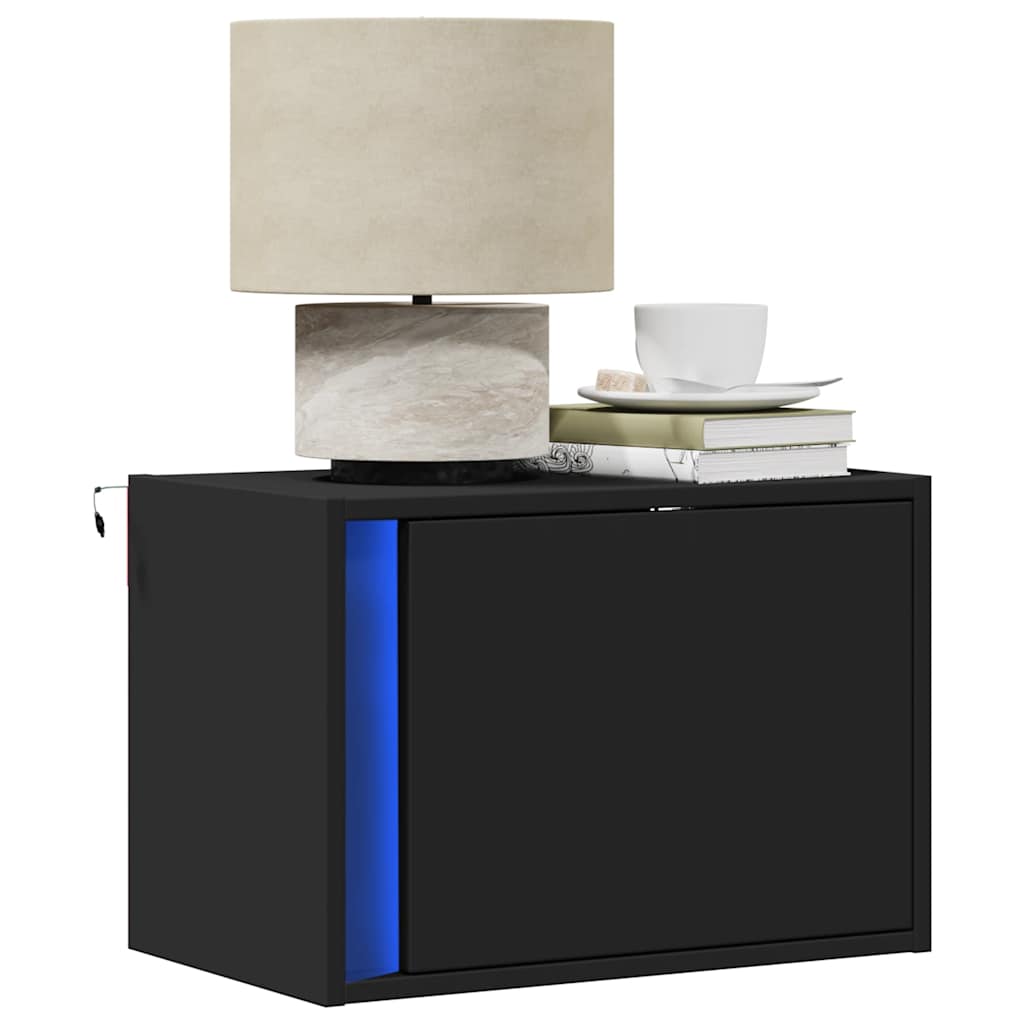 Mesas de cabeceira de parede com luzes LED 2 pcs preto