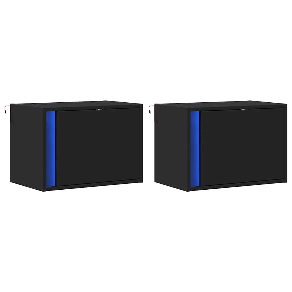 Mesas de cabeceira de parede com luzes LED 2 pcs preto