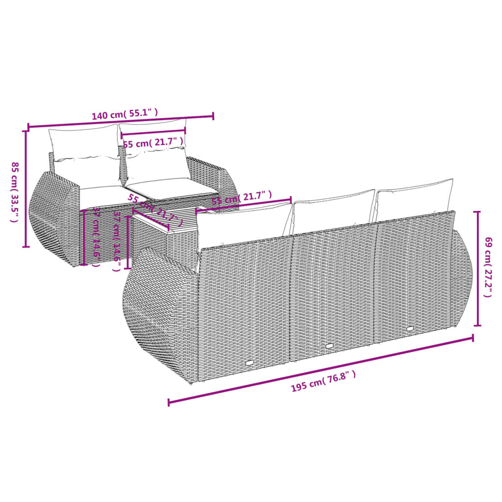 6 Pcs conjunto de sofás p/ jardim com almofadões vime PE bege