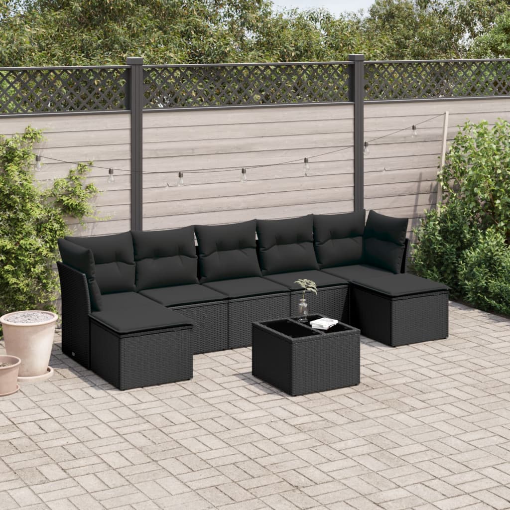 8 Pcs conjunto sofás de jardim com almofadões vime PE preto