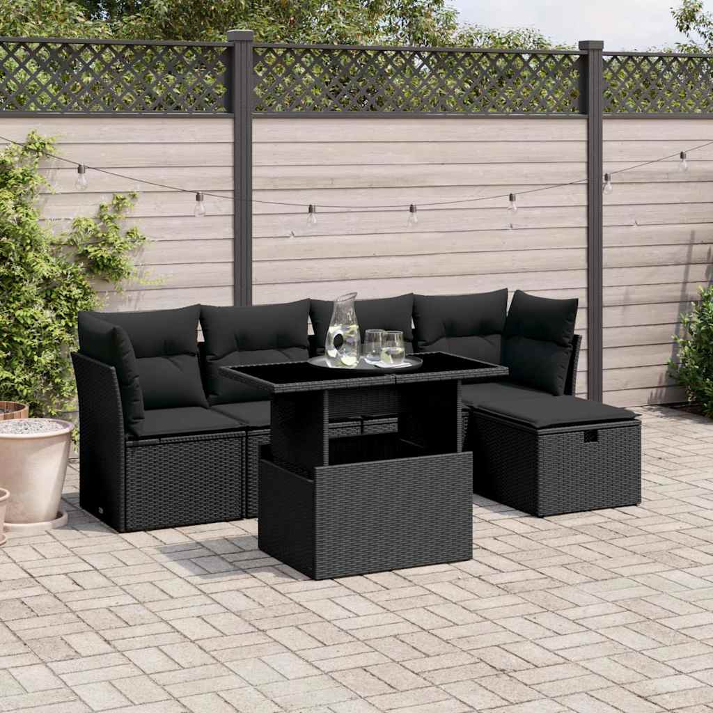 6 Pcs conjunto sofás de jardim c/ almofadões vime PE preto