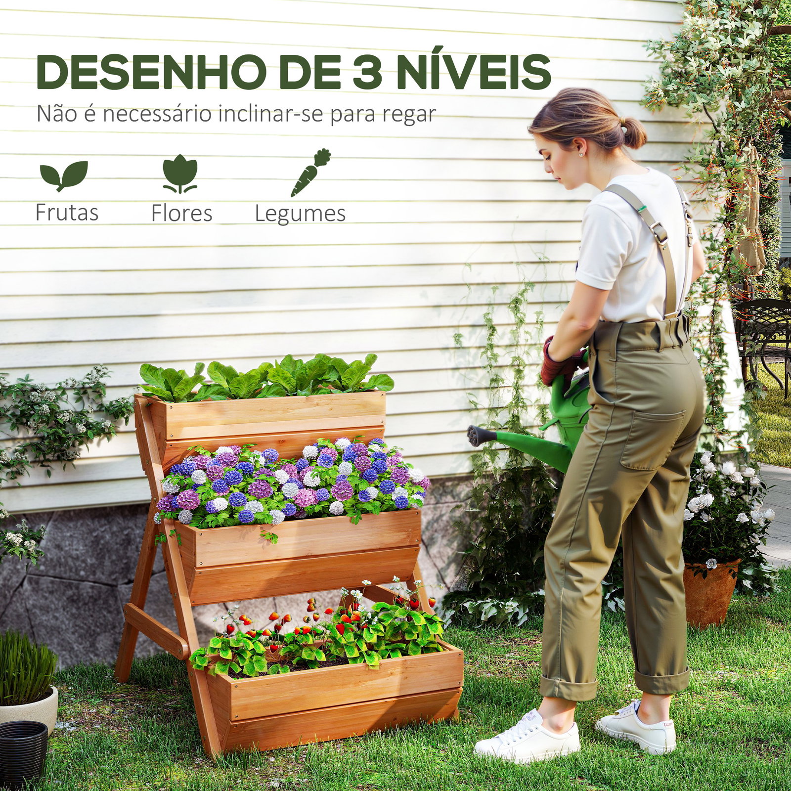 Floreira de Madeira de 3 Níveis Floreira Elevada de Exterior com Orifícios de Drenagem 65x75x76 cm Castanho