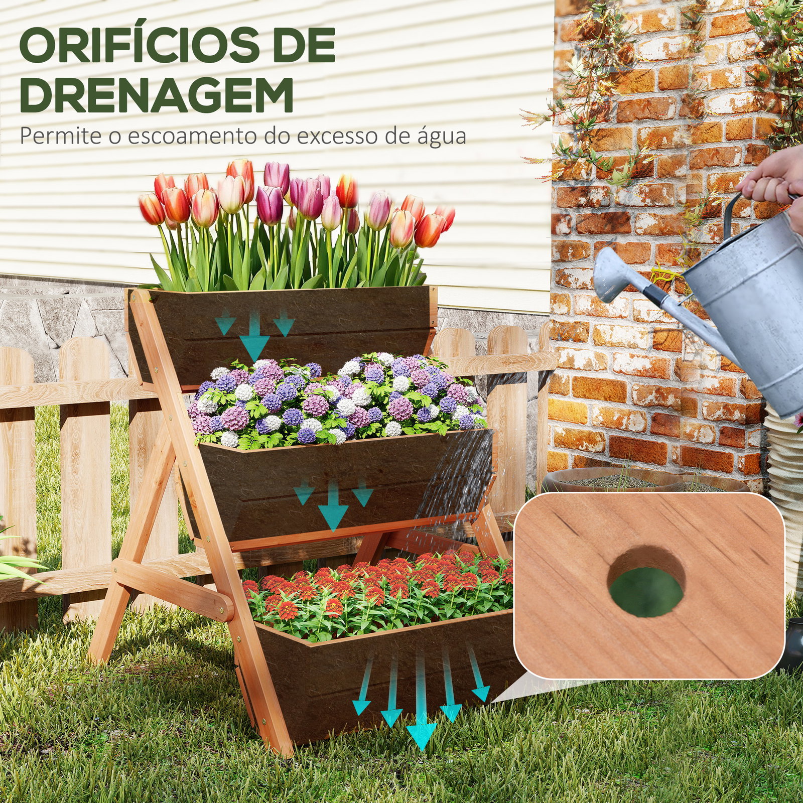 Floreira de Madeira de 3 Níveis Floreira Elevada de Exterior com Orifícios de Drenagem 65x75x76 cm Castanho