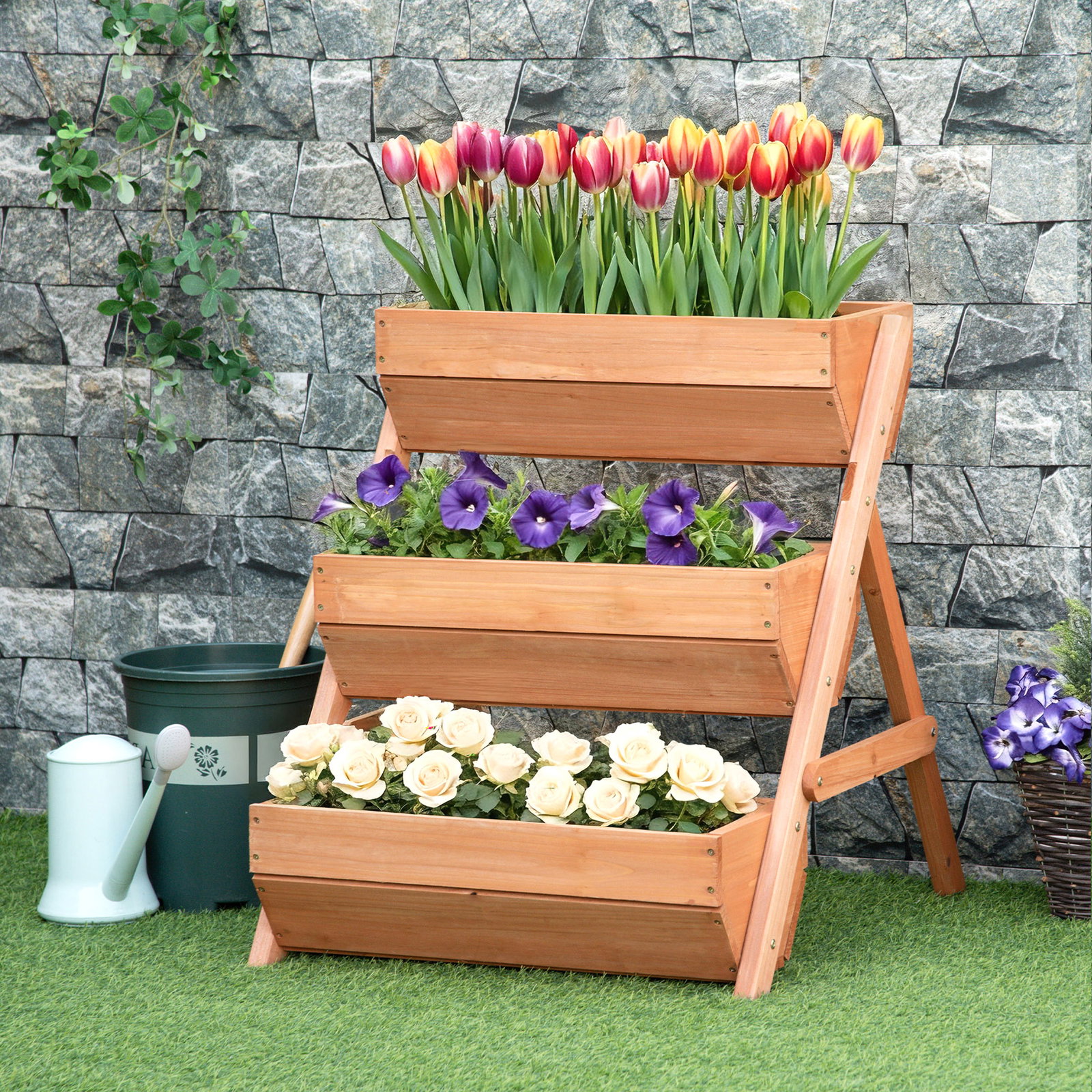 Floreira de Madeira de 3 Níveis Floreira Elevada de Exterior com Orifícios de Drenagem 65x75x76 cm Castanho