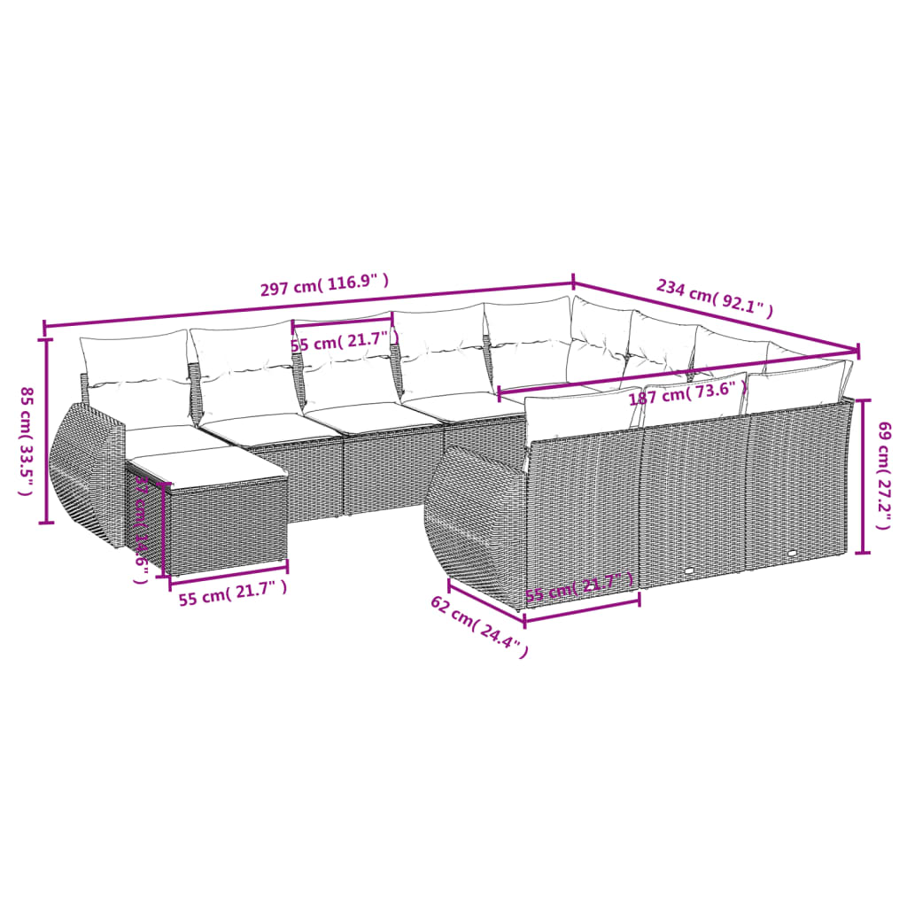 11 Pcs conjunto sofás de jardim c/ almofadões vime PE preto