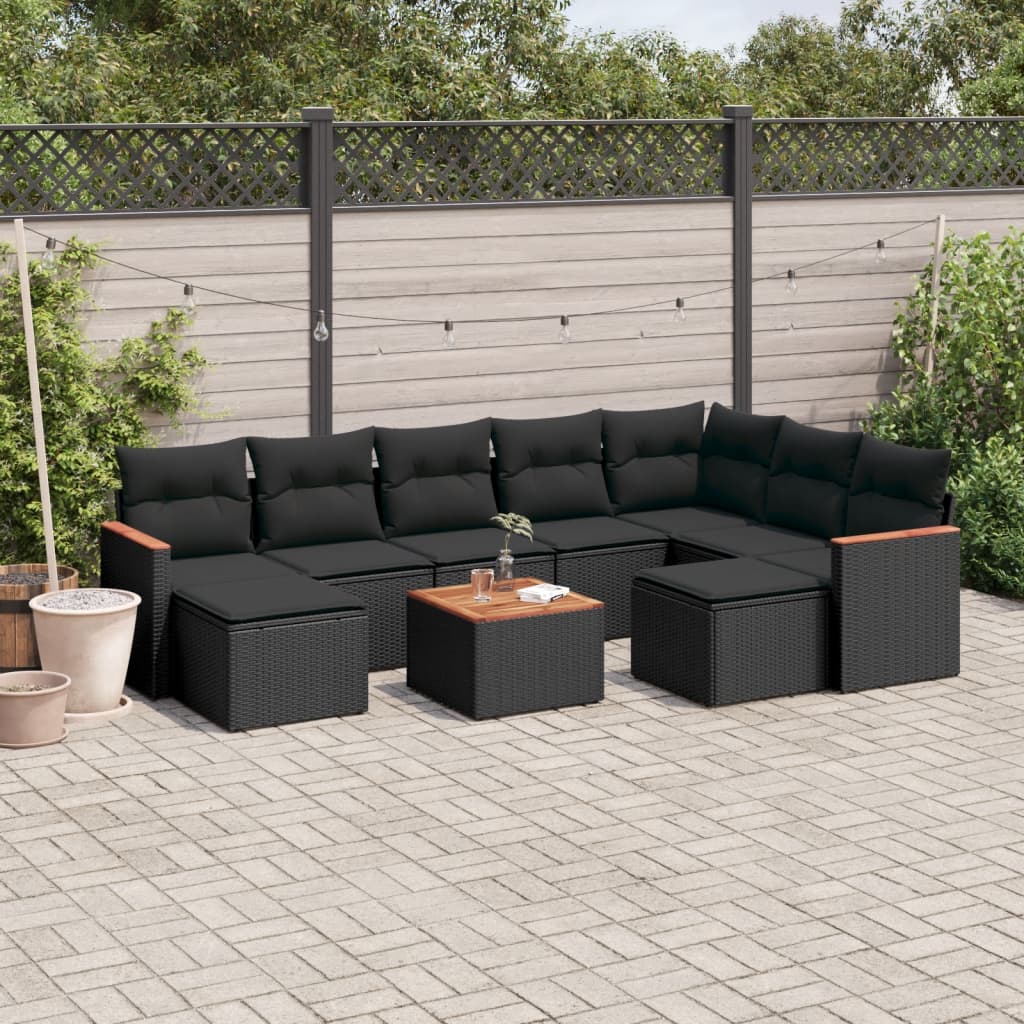10 Pcs conjunto sofás de jardim c/ almofadões vime PE preto