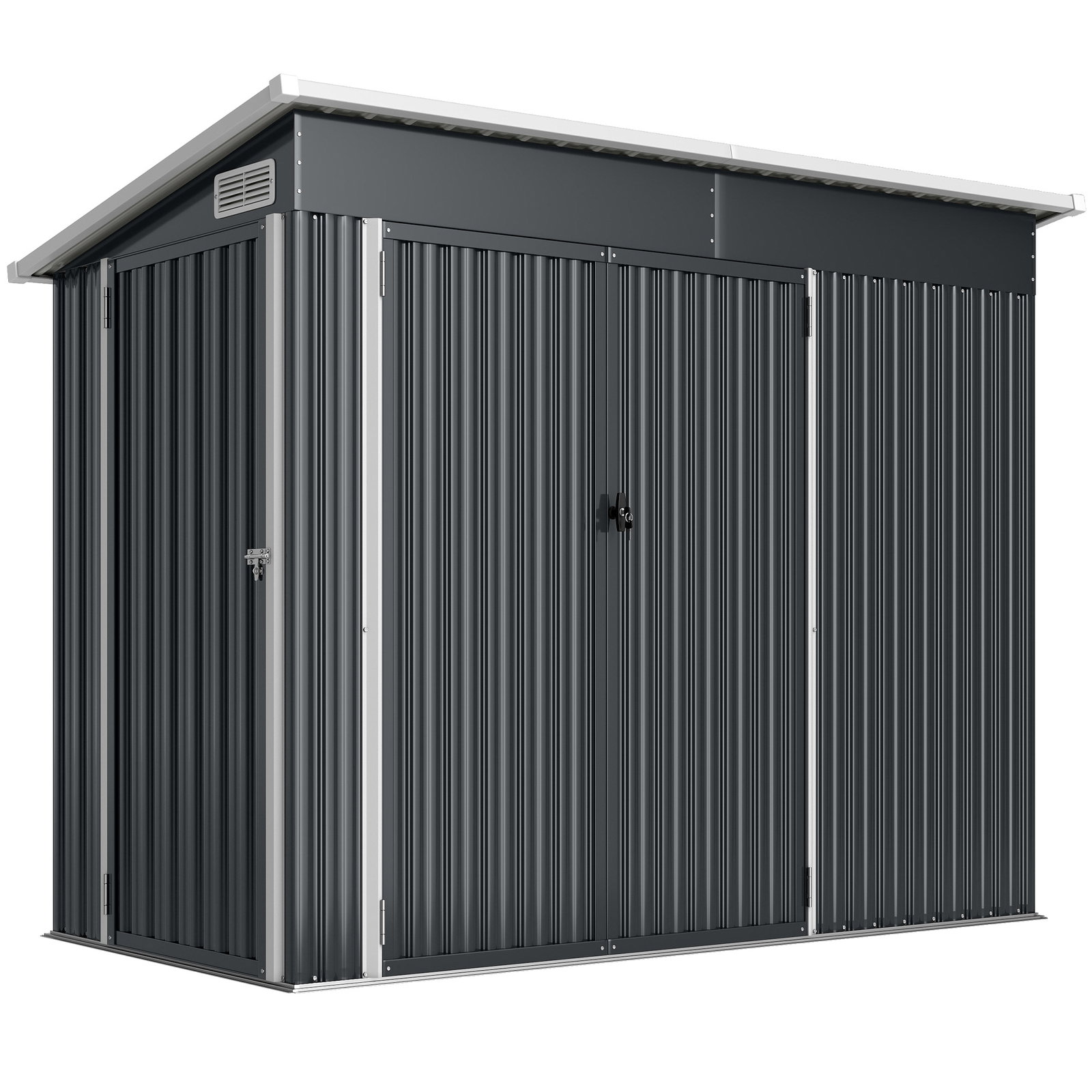 Abrigo de jardim exterior 2,7 m² 234x132x185 cm com três portas fechadura e grelhas de ventilação cinzento