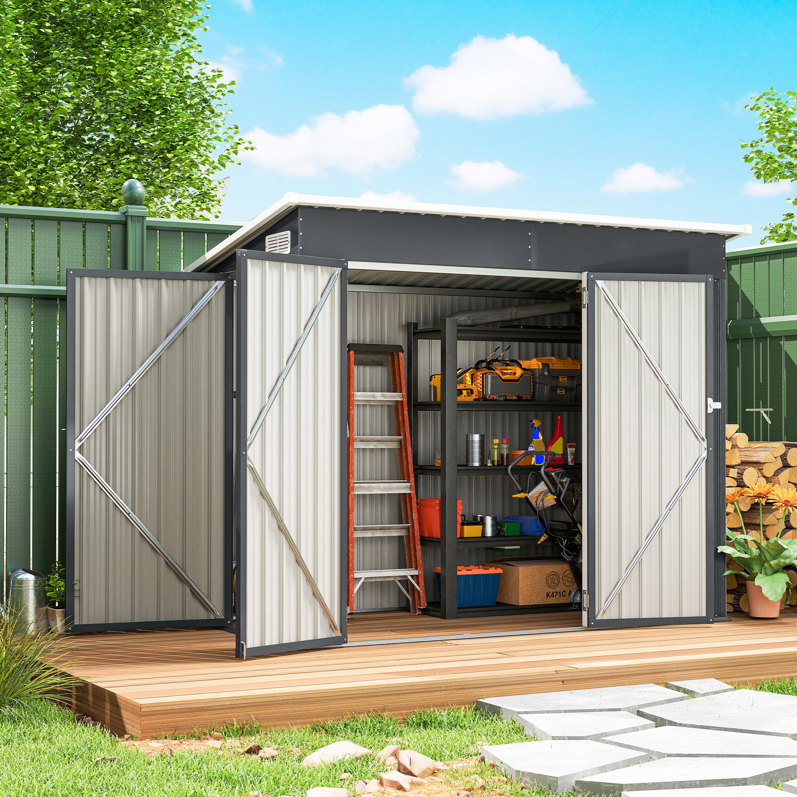 Abrigo de jardim exterior 2,7 m² 234x132x185 cm com três portas fechadura e grelhas de ventilação cinzento