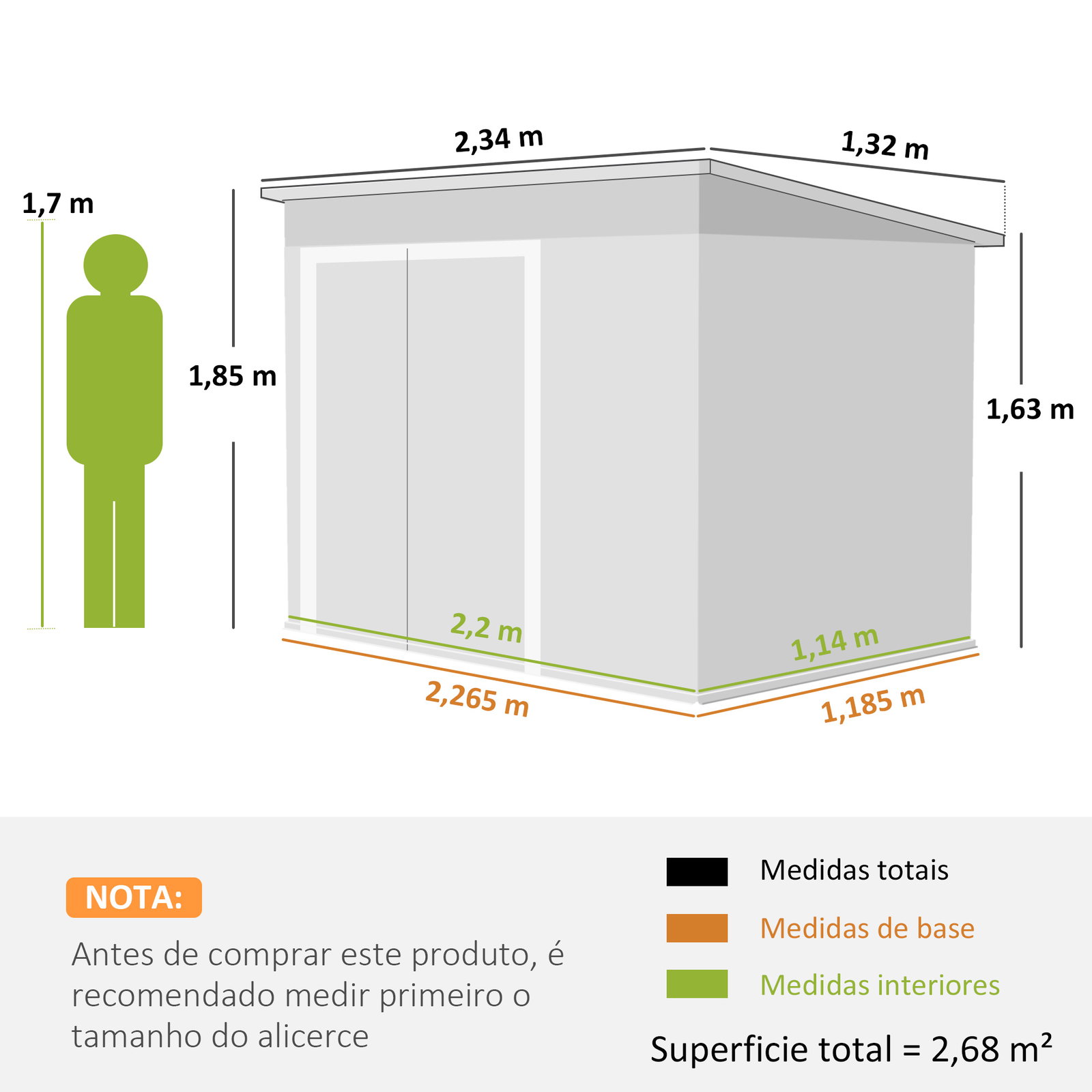 Abrigo de jardim exterior 2,7 m² 234x132x185 cm com três portas fechadura e grelhas de ventilação cinzento