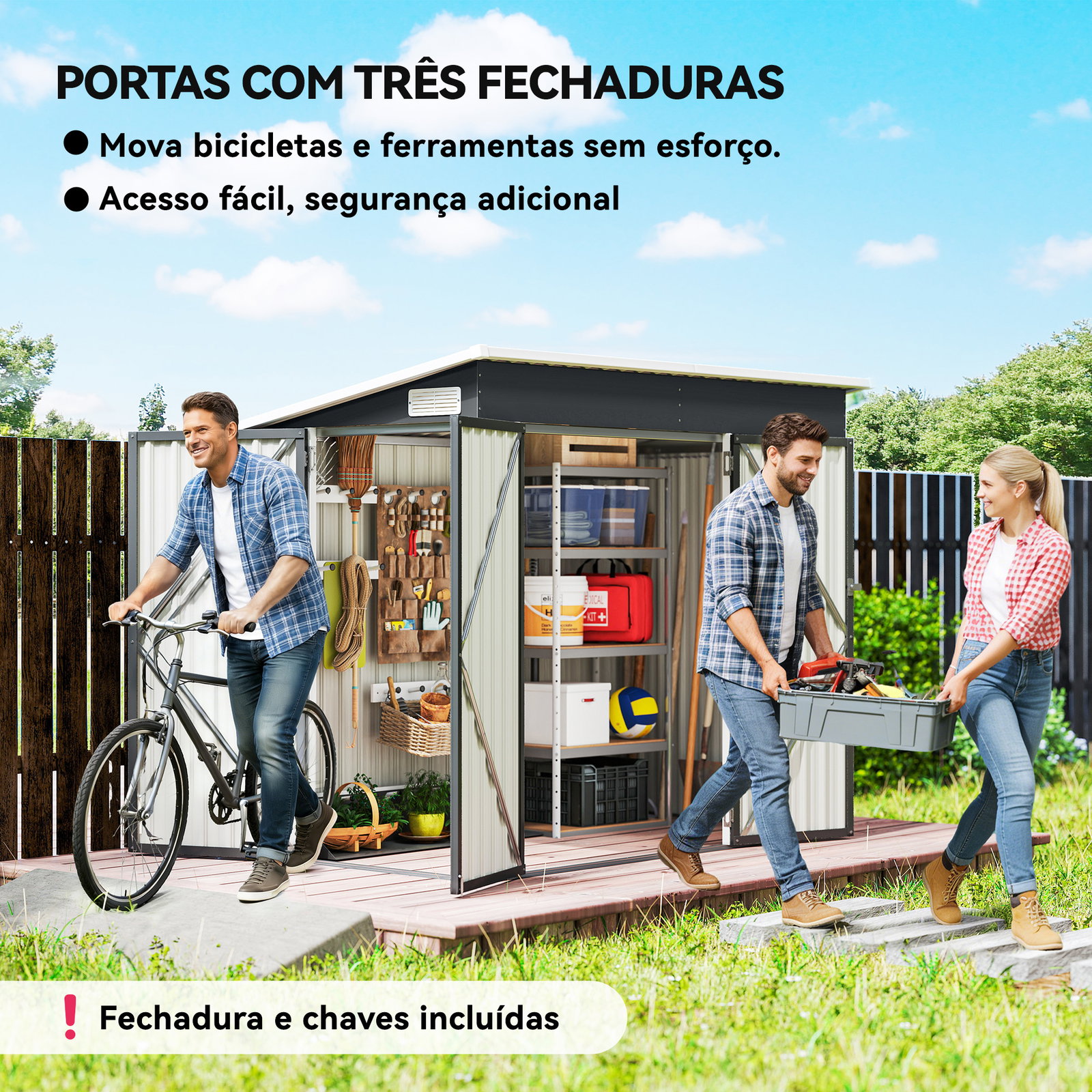 Abrigo de jardim exterior 2,7 m² 234x132x185 cm com três portas fechadura e grelhas de ventilação cinzento