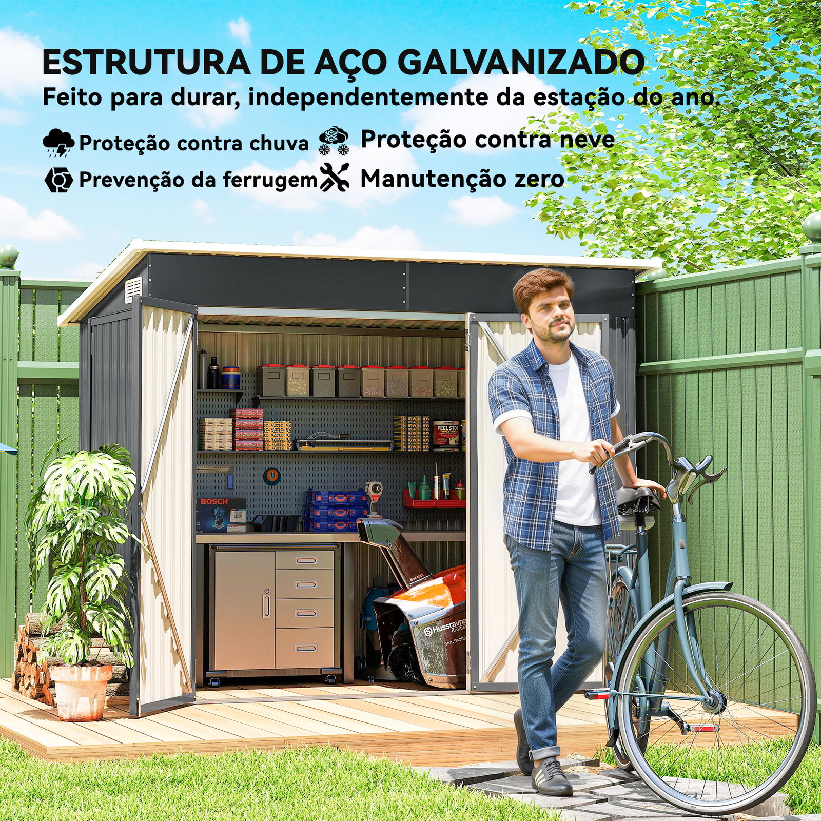 Abrigo de jardim exterior 2,7 m² 234x132x185 cm com três portas fechadura e grelhas de ventilação cinzento