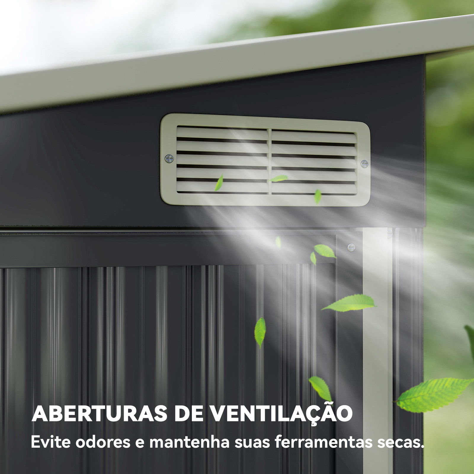 Abrigo de jardim exterior 2,7 m² 234x132x185 cm com três portas fechadura e grelhas de ventilação cinzento