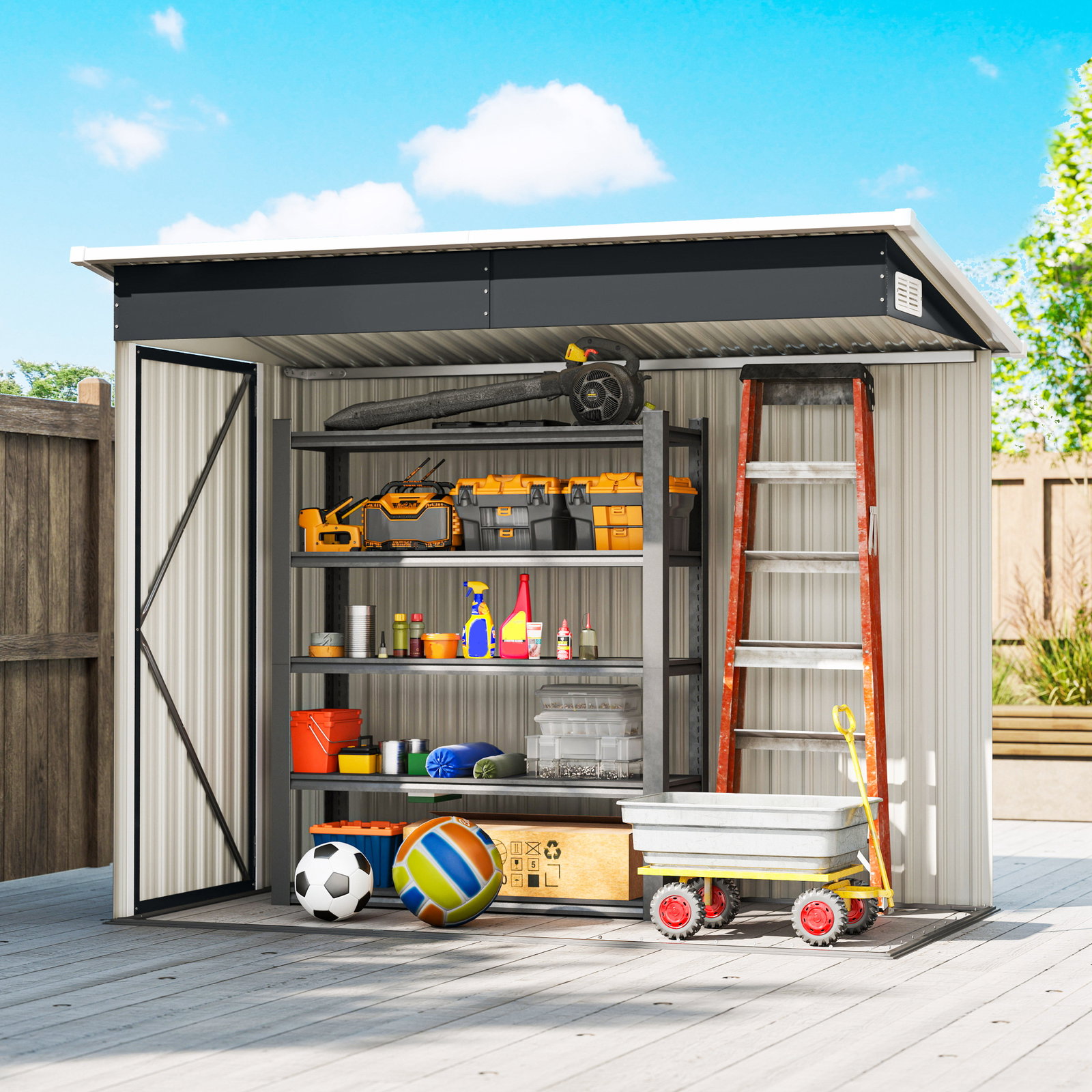 Abrigo de jardim exterior 2,7 m² 234x132x185 cm com três portas fechadura e grelhas de ventilação cinzento