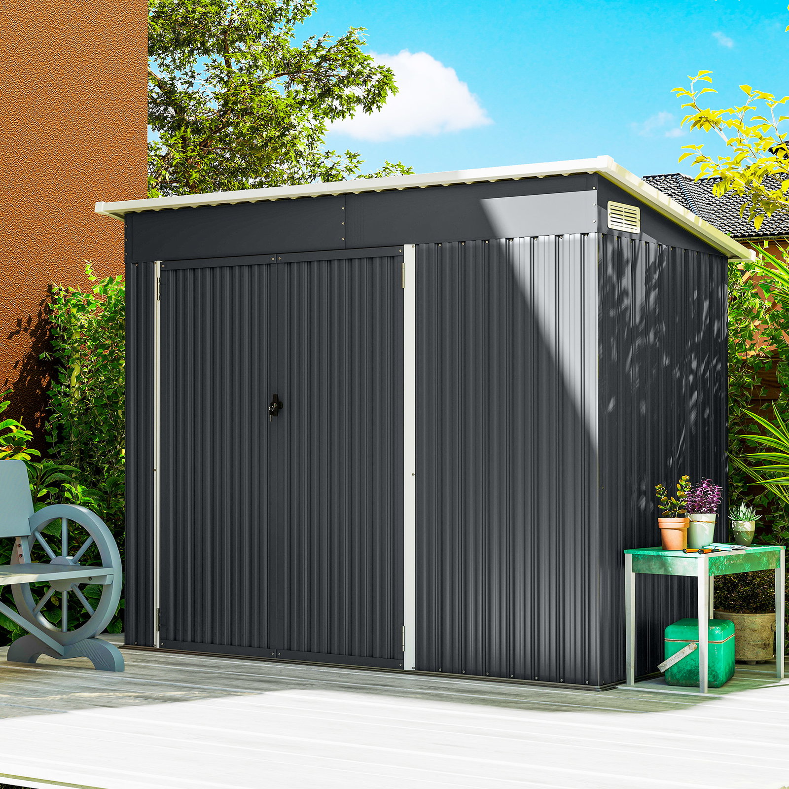 Abrigo de jardim exterior 2,7 m² 234x132x185 cm com três portas fechadura e grelhas de ventilação cinzento