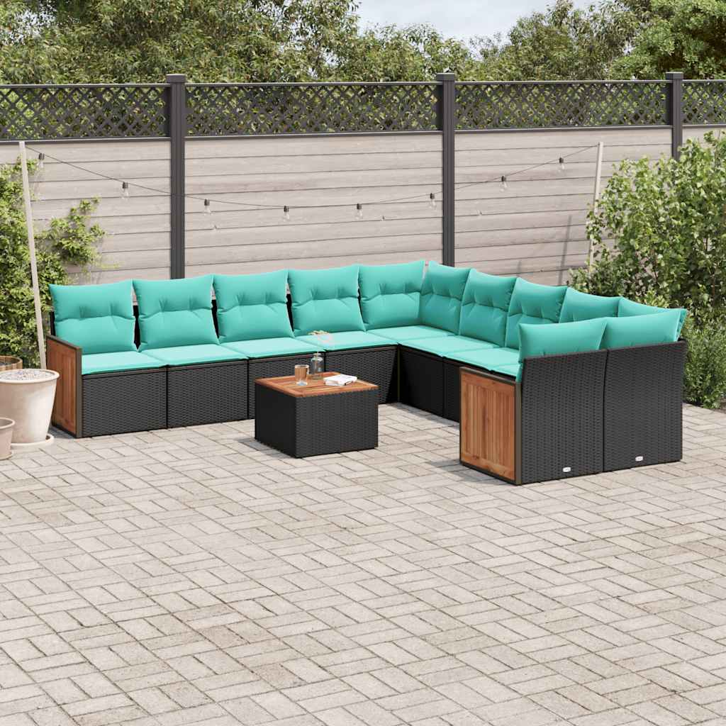 Conjunto de sofá de jardim com 11 peças e almofadas em rattan sintético preto