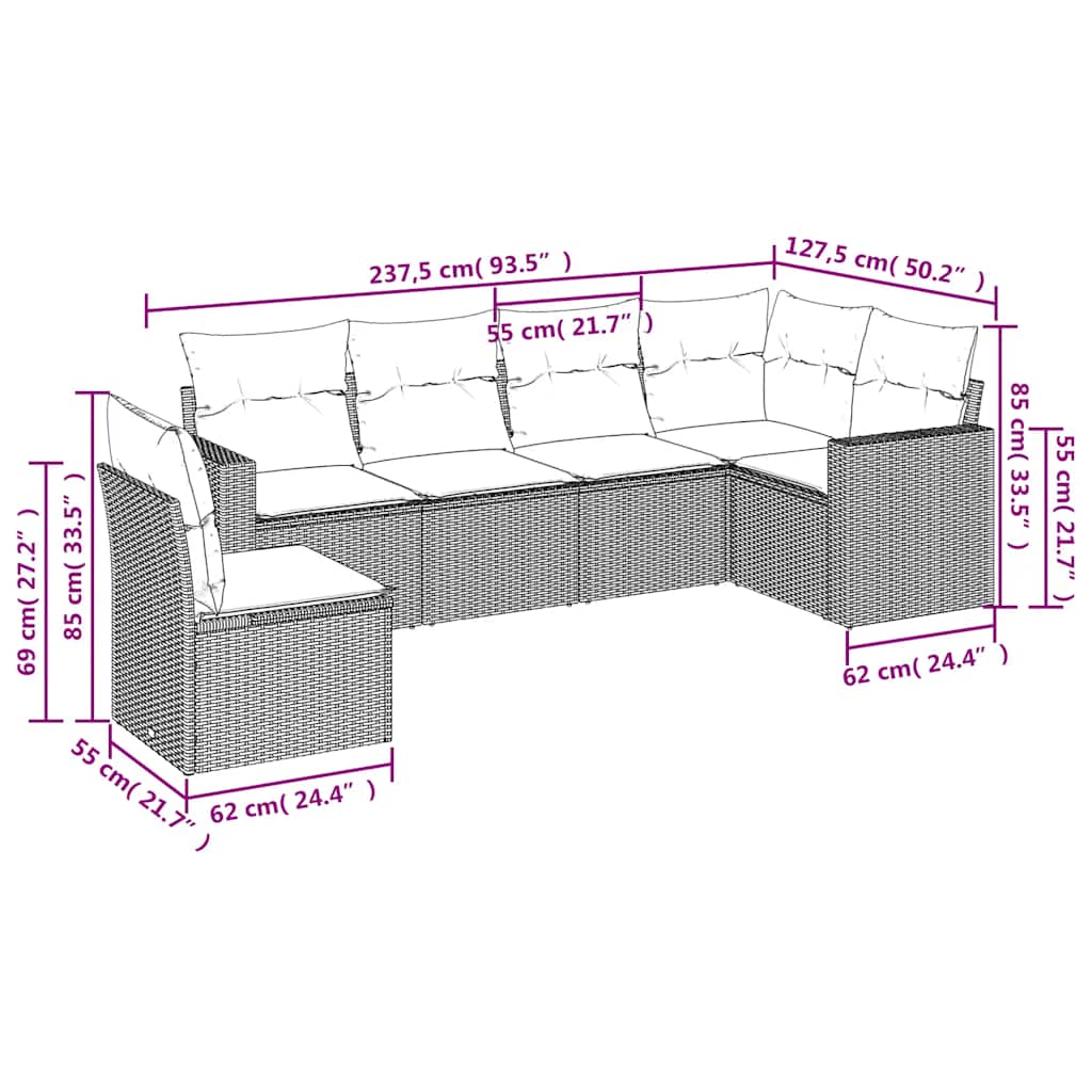 6 Pcs conjunto sofás de jardim c/ almofadões vime PE preto