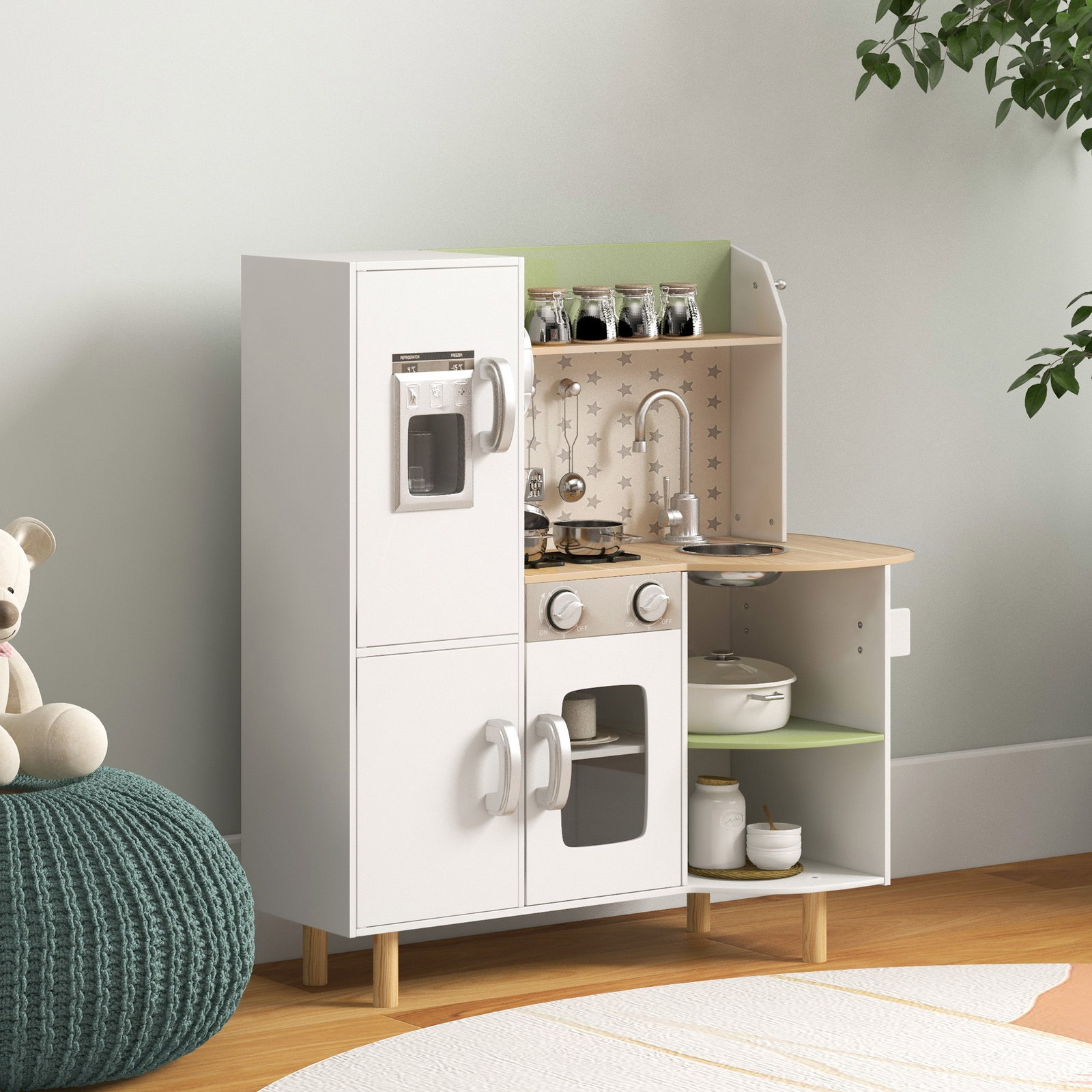 Cozinha de madeira para crianças com máquina de gelo lavatório de aço inoxidável e utensílios 84x34x89 cm branco