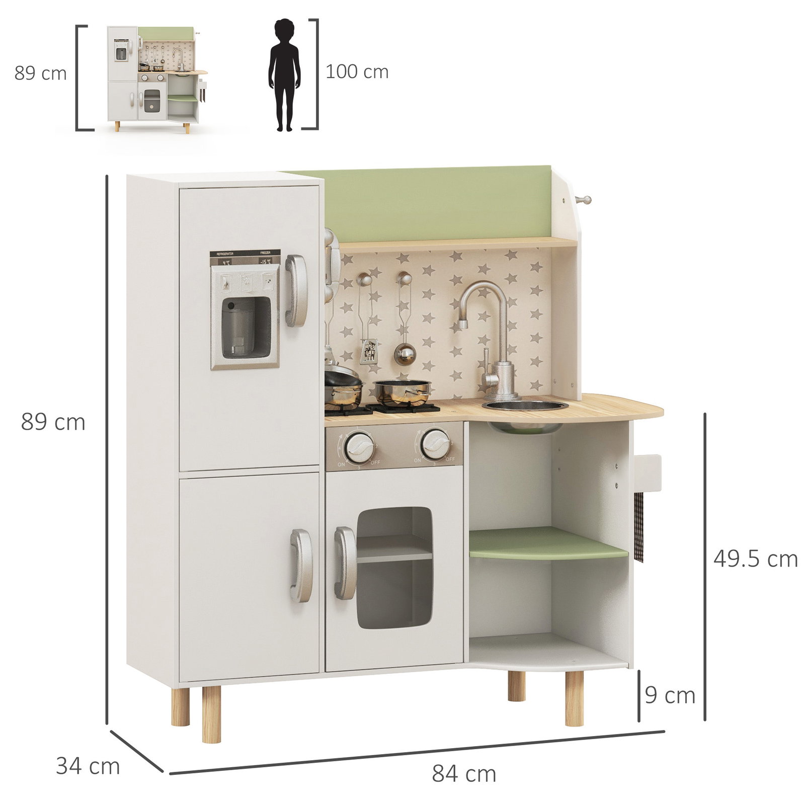 Cozinha de madeira para crianças com máquina de gelo lavatório de aço inoxidável e utensílios 84x34x89 cm branco