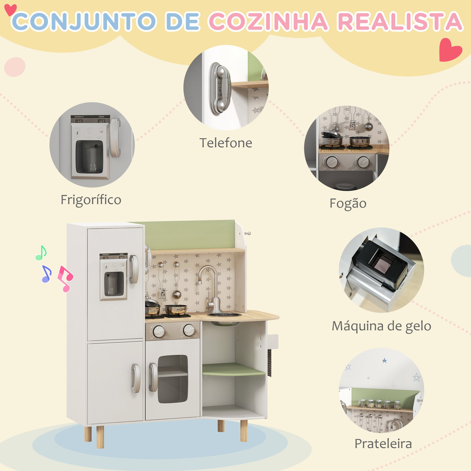 Cozinha de madeira para crianças com máquina de gelo lavatório de aço inoxidável e utensílios 84x34x89 cm branco