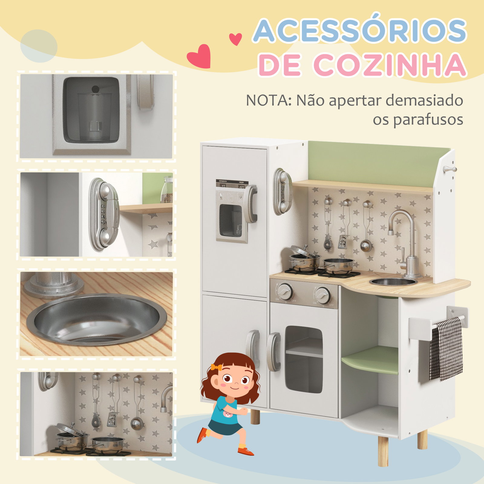 Cozinha de madeira para crianças com máquina de gelo lavatório de aço inoxidável e utensílios 84x34x89 cm branco
