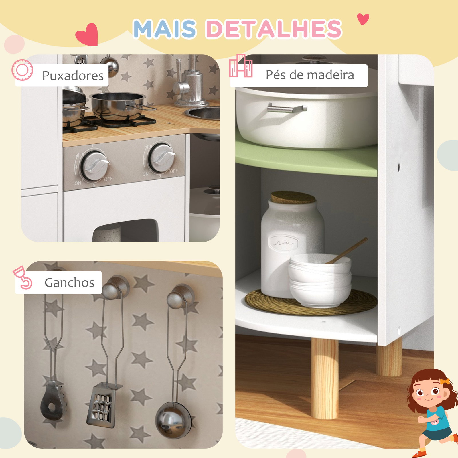 Cozinha de madeira para crianças com máquina de gelo lavatório de aço inoxidável e utensílios 84x34x89 cm branco
