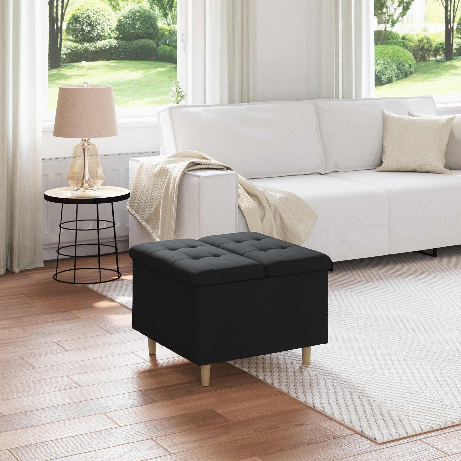 Puff de armazenamento com almofada preto 60 x 60 x 45 cm tecido