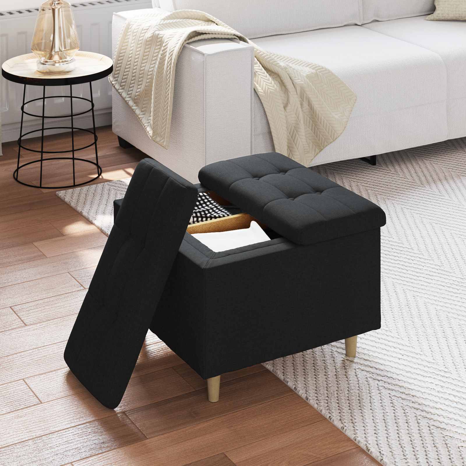 Puff de armazenamento com almofada preto 60 x 60 x 45 cm tecido