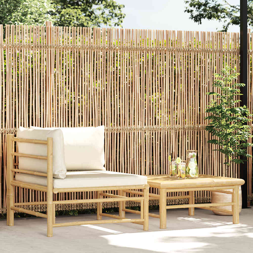 2 Pcs conj. lounge p/ jardim em bambu c/ almofadões branco nata