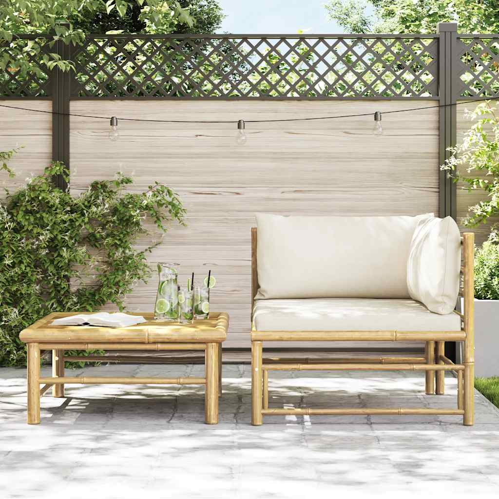 2 Pcs conj. lounge p/ jardim em bambu c/ almofadões branco nata