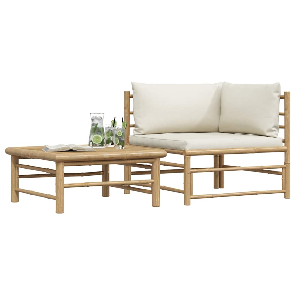 2 Pcs conj. lounge p/ jardim em bambu c/ almofadões branco nata