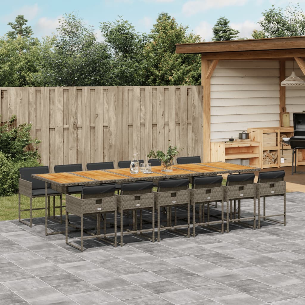 13 Pcs conjunto jantar p/ jardim c/ almofadões vime PE cinzento