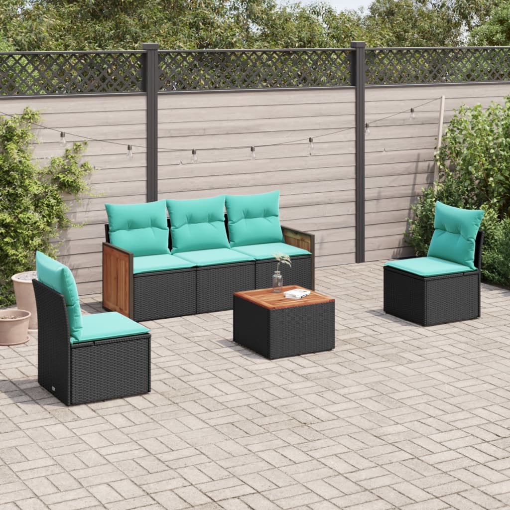 Conjunto de sofá de jardim com 6 peças e almofadas em rattan sintético preto